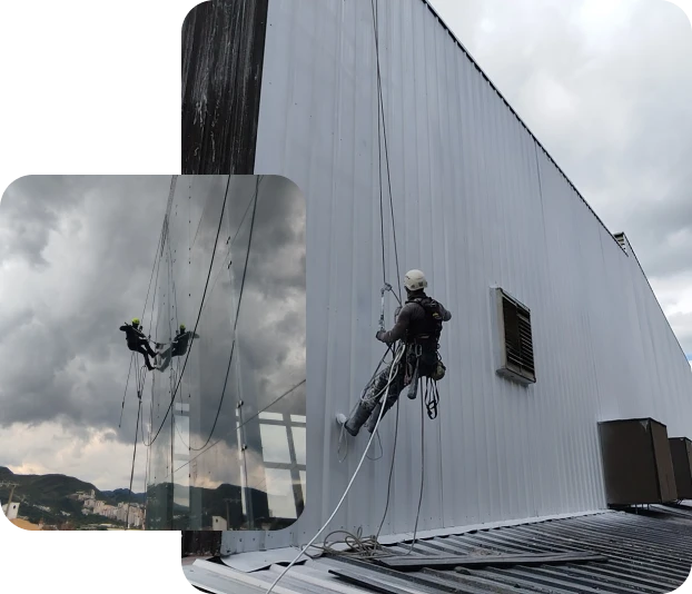 Mosaíco de duas imagens de homes trabalhando em fachadas